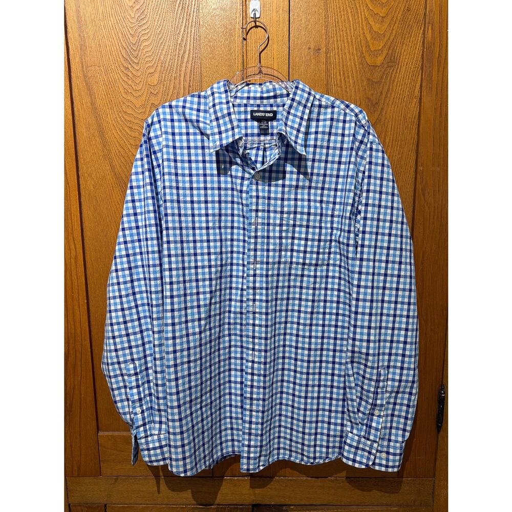 Lands’ End Men’s XXL Blue Gingham Button Down Shirt Traditional Fit